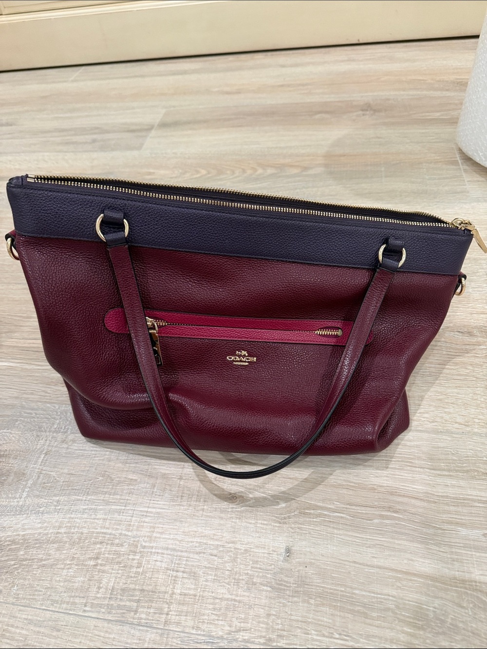 Coach Burgundy and Navy Pebbled Leather Tote with Gold Hardware